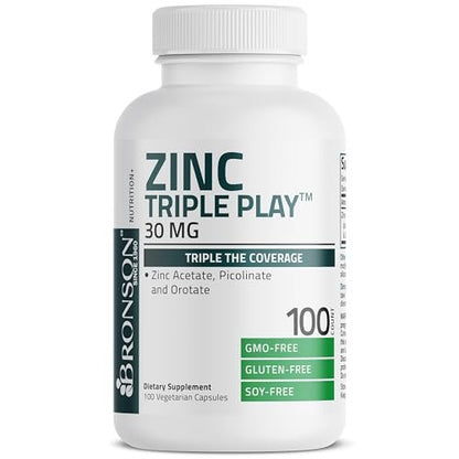 Bronson Zinc Triple Play 30 mg – Dreifache Immununterstützung mit Zinkacetat, Picolinat & Orotat – 100 vegane Kapseln