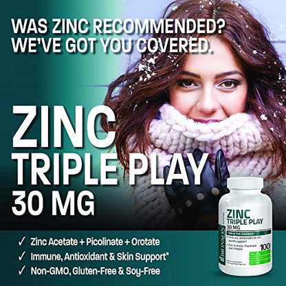 Bronson Zinc Triple Play 30 mg – Dreifache Immununterstützung mit Zinkacetat, Picolinat & Orotat – 100 vegane Kapseln