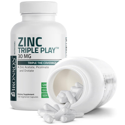 Bronson Zinc Triple Play 30 mg – Dreifache Immununterstützung mit Zinkacetat, Picolinat & Orotat – 100 vegane Kapseln