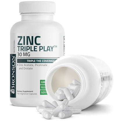 Bronson Zinc Triple Play 30 mg – Dreifache Immununterstützung mit Zinkacetat, Picolinat & Orotat – 100 vegane Kapseln