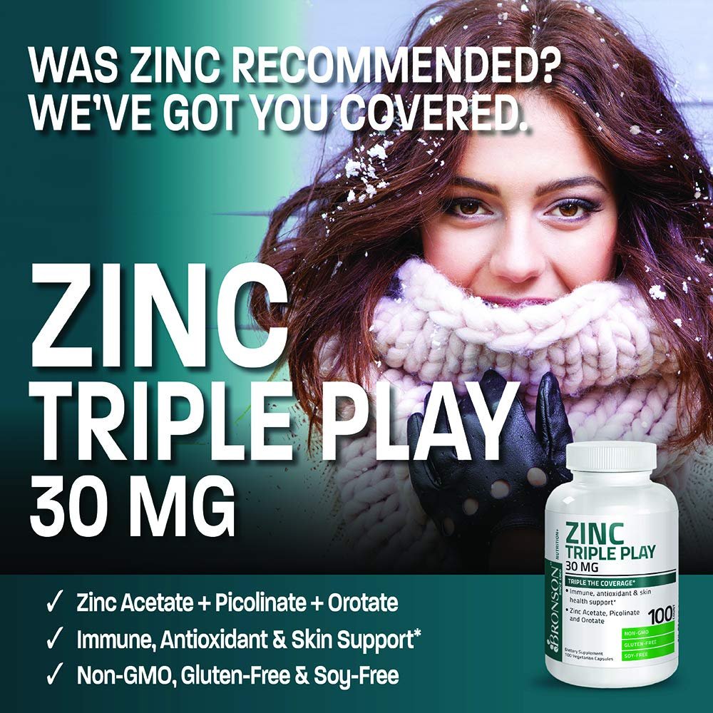 Bronson Zinc Triple Play 30 mg – Dreifache Immununterstützung mit Zinkacetat, Picolinat & Orotat – 100 vegane Kapseln