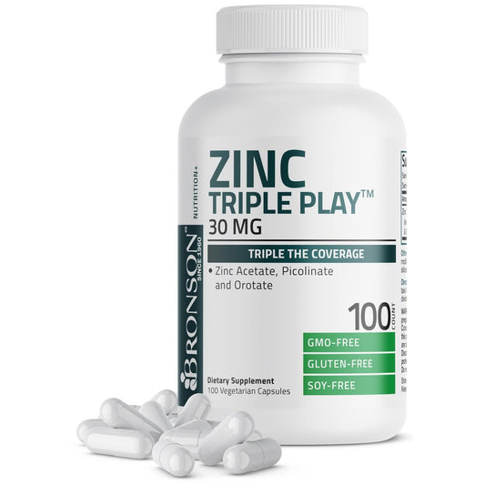 Bronson Zinc Triple Play 30 mg – Dreifache Immununterstützung mit Zinkacetat, Picolinat & Orotat – 100 vegane Kapseln