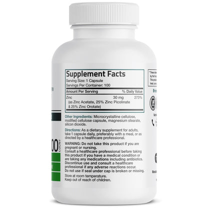 Bronson Zinc Triple Play 30 mg – Dreifache Immununterstützung mit Zinkacetat, Picolinat & Orotat – 100 vegane Kapseln