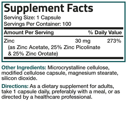 Bronson Zinc Triple Play 30 mg – Dreifache Immununterstützung mit Zinkacetat, Picolinat & Orotat – 100 vegane Kapseln