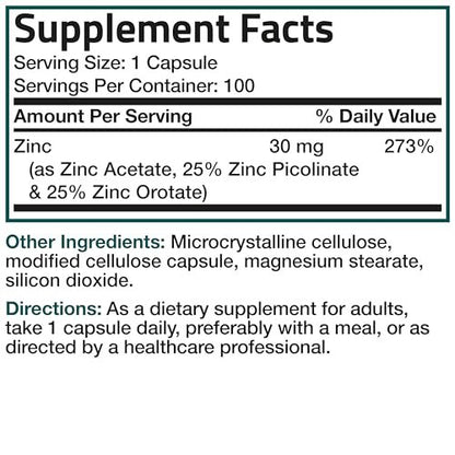 Bronson Zinc Triple Play 30 mg – Dreifache Immununterstützung mit Zinkacetat, Picolinat & Orotat – 100 vegane Kapseln