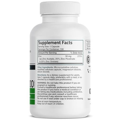 Bronson Zinc Triple Play 30 mg – Dreifache Immununterstützung mit Zinkacetat, Picolinat & Orotat – 100 vegane Kapseln