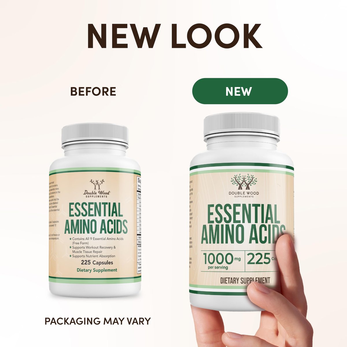 Essentielle Aminosäuren Pulver - 1 g pro Portion Mischung aller 9 essentiellen Aminosäuren (EAA) und aller verzweigtkettigen Aminosäuren (BCAAs) (Leucin, Isoleucin, Valin) 225 Kapseln, glutenfrei von Double Wood