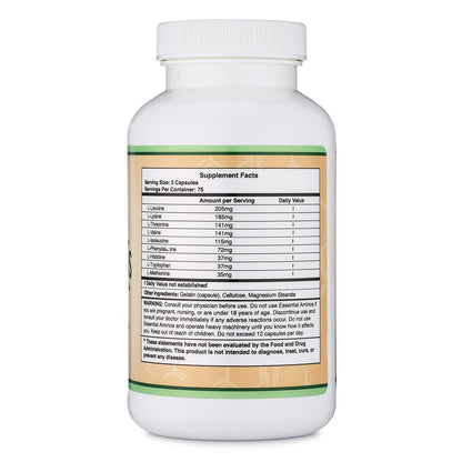 Essentielle Aminosäuren Pulver - 1 g pro Portion Mischung aller 9 essentiellen Aminosäuren (EAA) und aller verzweigtkettigen Aminosäuren (BCAAs) (Leucin, Isoleucin, Valin) 225 Kapseln, glutenfrei von Double Wood