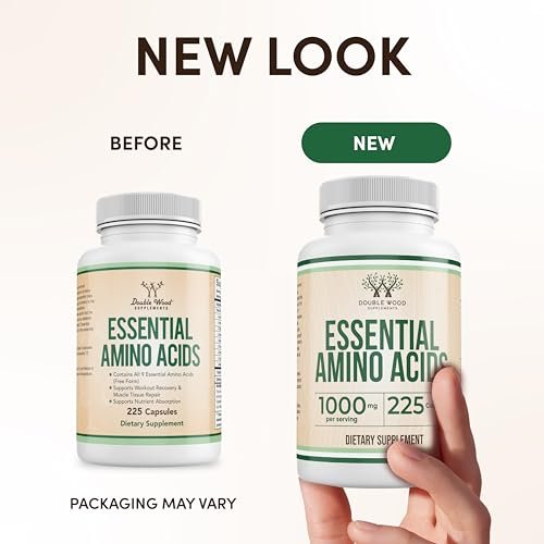 Essentielle Aminosäuren Pulver - 1 g pro Portion Mischung aller 9 essentiellen Aminosäuren (EAA) und aller verzweigtkettigen Aminosäuren (BCAAs) (Leucin, Isoleucin, Valin) 225 Kapseln, glutenfrei von Double Wood