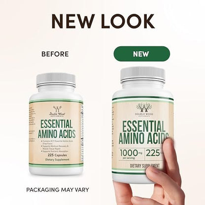 Essentielle Aminosäuren Pulver - 1 g pro Portion Mischung aller 9 essentiellen Aminosäuren (EAA) und aller verzweigtkettigen Aminosäuren (BCAAs) (Leucin, Isoleucin, Valin) 225 Kapseln, glutenfrei von Double Wood