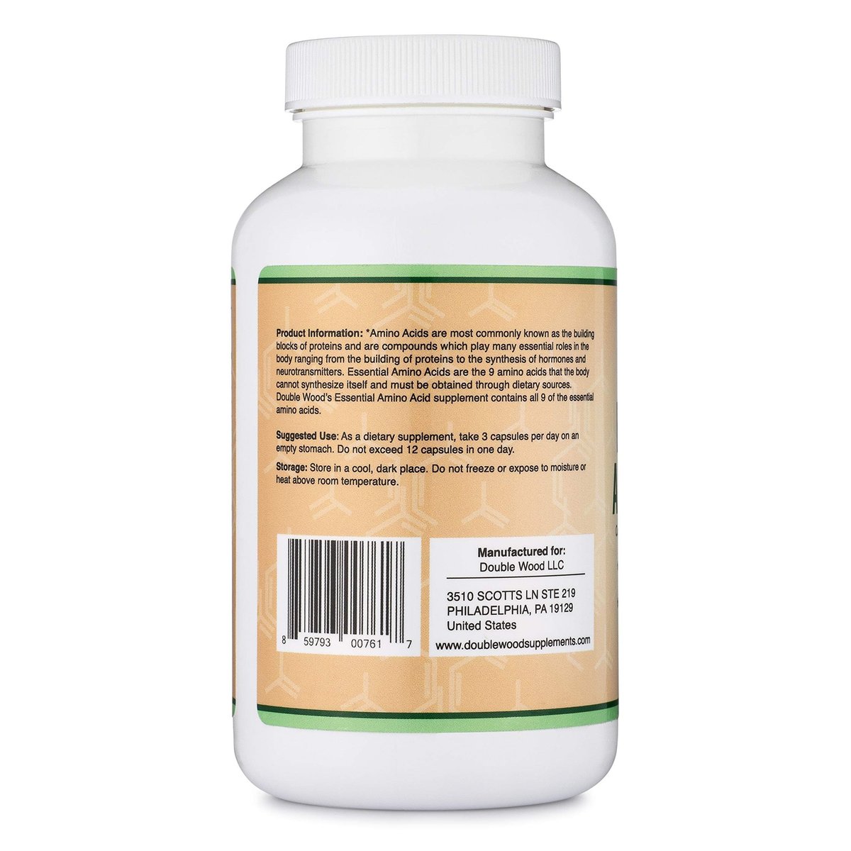 Essentielle Aminosäuren Pulver - 1 g pro Portion Mischung aller 9 essentiellen Aminosäuren (EAA) und aller verzweigtkettigen Aminosäuren (BCAAs) (Leucin, Isoleucin, Valin) 225 Kapseln, glutenfrei von Double Wood