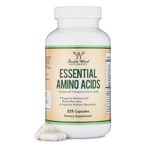 Essentielle Aminosäuren Pulver - 1 g pro Portion Mischung aller 9 essentiellen Aminosäuren (EAA) und aller verzweigtkettigen Aminosäuren (BCAAs) (Leucin, Isoleucin, Valin) 225 Kapseln, glutenfrei von Double Wood
