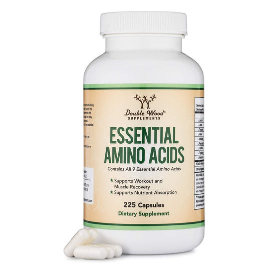 Essentielle Aminosäuren Pulver - 1 g pro Portion Mischung aller 9 essentiellen Aminosäuren (EAA) und aller verzweigtkettigen Aminosäuren (BCAAs) (Leucin, Isoleucin, Valin) 225 Kapseln, glutenfrei von Double Wood