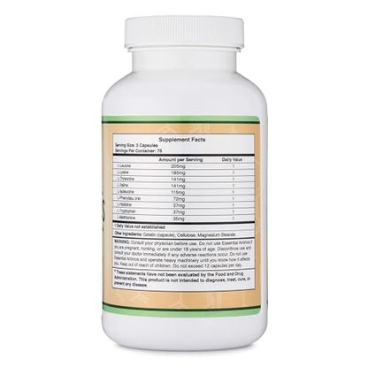 Essentielle Aminosäuren Pulver - 1 g pro Portion Mischung aller 9 essentiellen Aminosäuren (EAA) und aller verzweigtkettigen Aminosäuren (BCAAs) (Leucin, Isoleucin, Valin) 225 Kapseln, glutenfrei von Double Wood