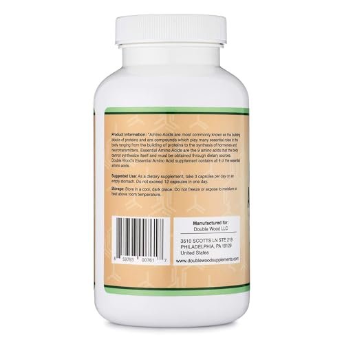 Essentielle Aminosäuren Pulver - 1 g pro Portion Mischung aller 9 essentiellen Aminosäuren (EAA) und aller verzweigtkettigen Aminosäuren (BCAAs) (Leucin, Isoleucin, Valin) 225 Kapseln, glutenfrei von Double Wood