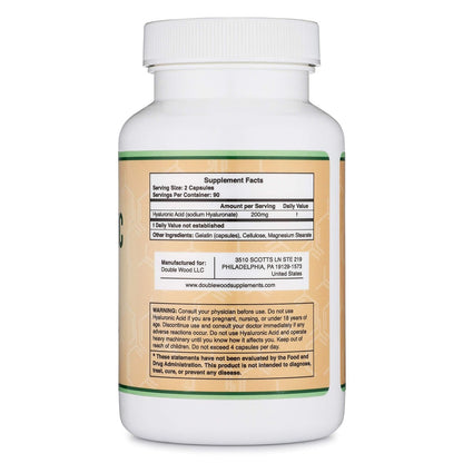 Double Wood Supplements Hyaluronsäure, 180 Kapseln (100 mg pro Kapsel)