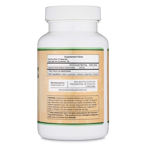 Double Wood Supplements Hyaluronsäure, 180 Kapseln (100 mg pro Kapsel)