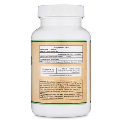 Double Wood Supplements Hyaluronsäure, 180 Kapseln (100 mg pro Kapsel)