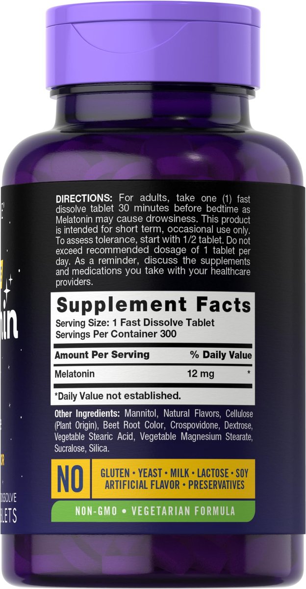 Carlyle Melatonin 12 mg Fast Dissolve 300 Tabletten | Arzneimittelfrei | Natürlicher Beerengeschmack | Vegetarisch, Nicht-GVO, Glutenfrei