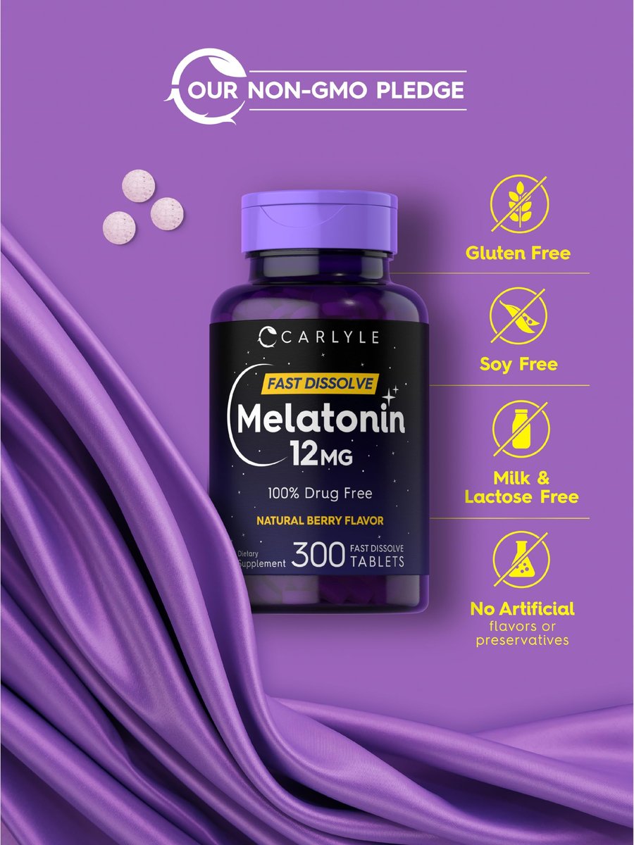 Carlyle Melatonin 12 mg Fast Dissolve 300 Tabletten | Arzneimittelfrei | Natürlicher Beerengeschmack | Vegetarisch, Nicht-GVO, Glutenfrei