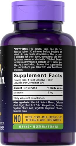 Carlyle Melatonin 12 mg Fast Dissolve 300 Tabletten | Arzneimittelfrei | Natürlicher Beerengeschmack | Vegetarisch, Nicht-GVO, Glutenfrei