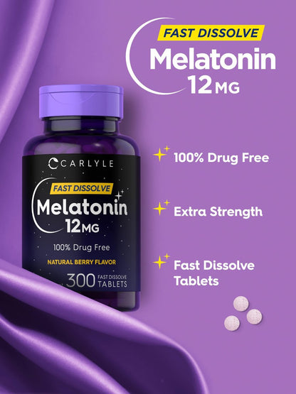 Carlyle Melatonin 12 mg Fast Dissolve 300 Tabletten | Arzneimittelfrei | Natürlicher Beerengeschmack | Vegetarisch, Nicht-GVO, Glutenfrei
