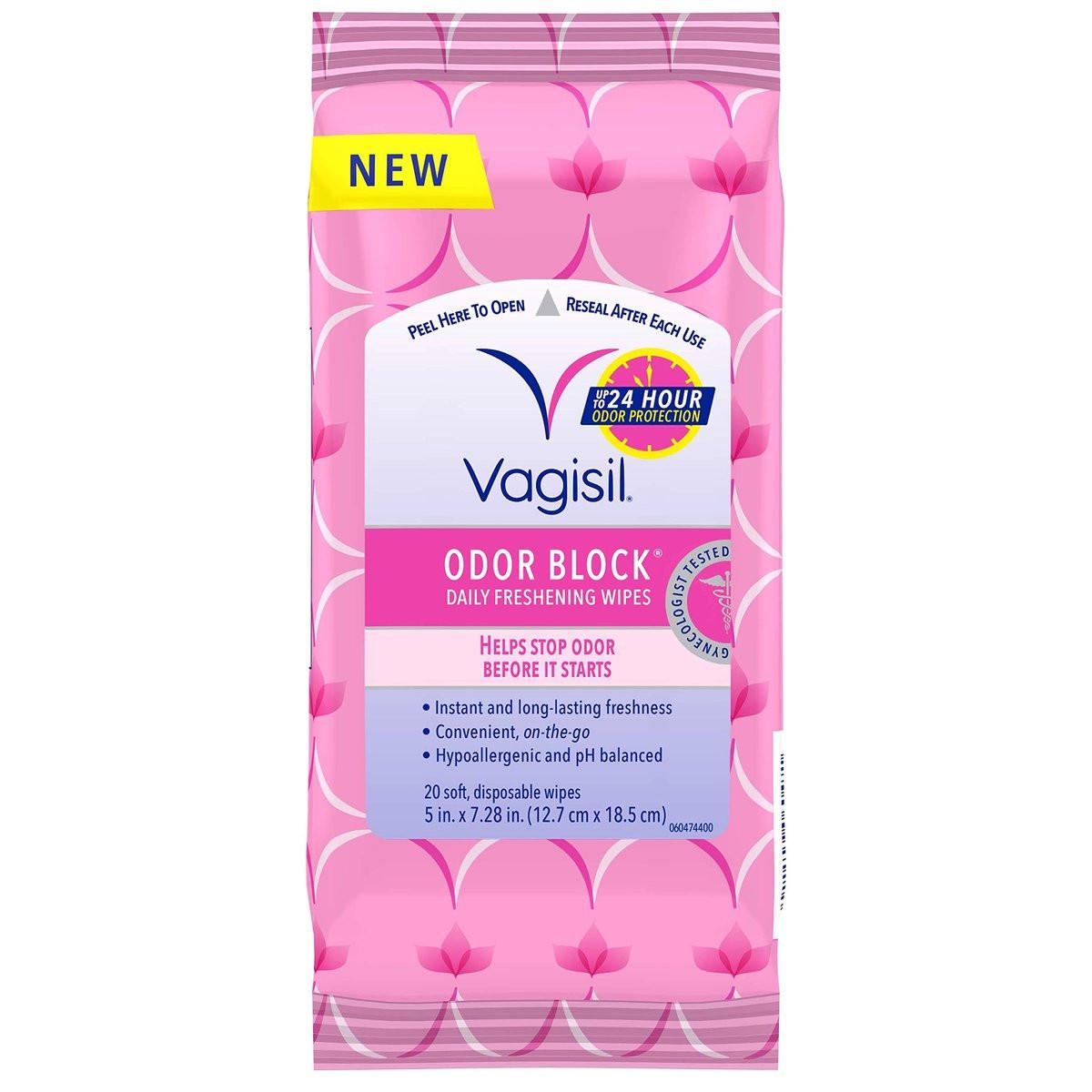 Vagisil Odor Block Frische-Tücher für die Intimhygiene – 20 Tücher im wiederverschließbaren Beutel, hypoallergen, gynäkologisch getestet
