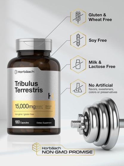 Horbäach Tribulus Terrestris für Männer | 180 Kapseln | Maximale Stärke | Non-GMO, Glutenfreies Extrakt-Präparat