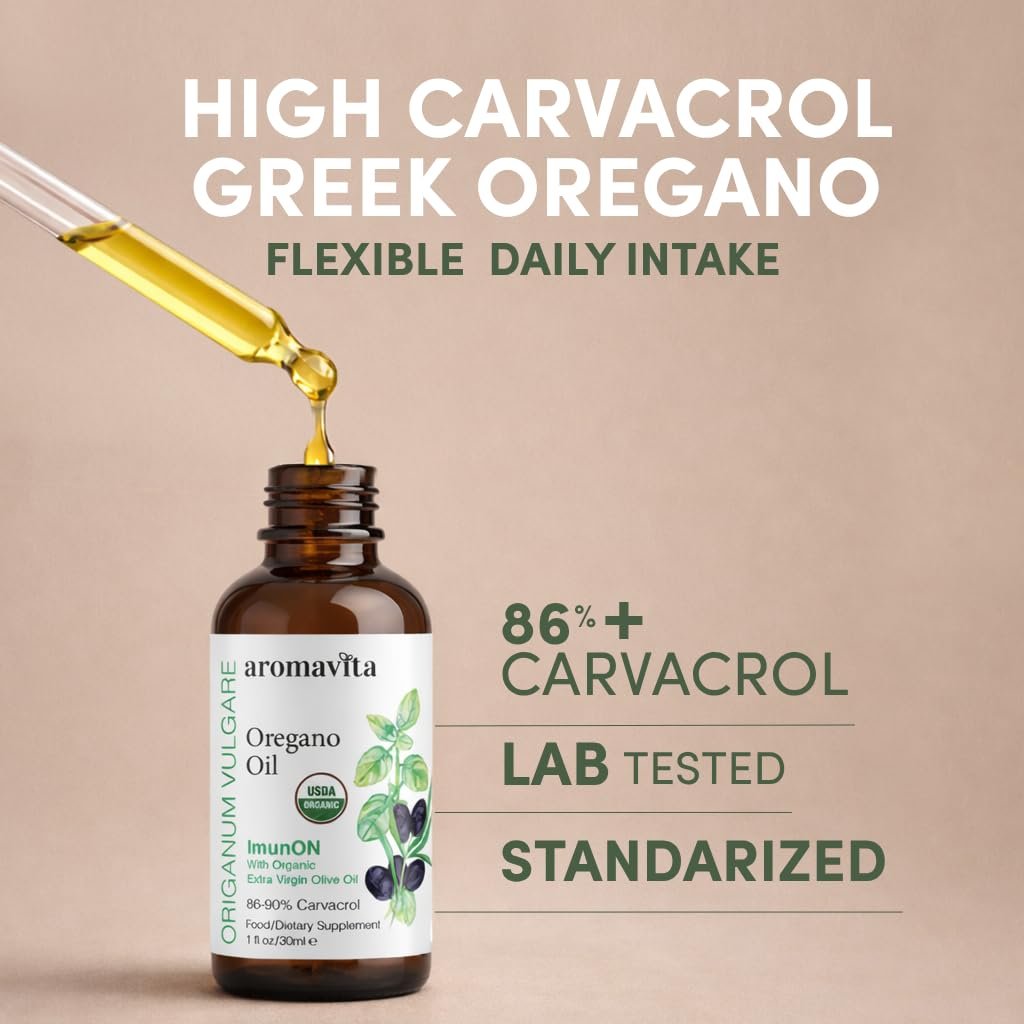 AROMAVITA Oregano Öl Tropfen 86–90 % Carvacrol – USDA Bio Liquid Oregano Öl – Flexible Dosierung – Immun- & Verdauungsunterstützung – Griechischer Oregano – 30 ml (1 fl.oz)