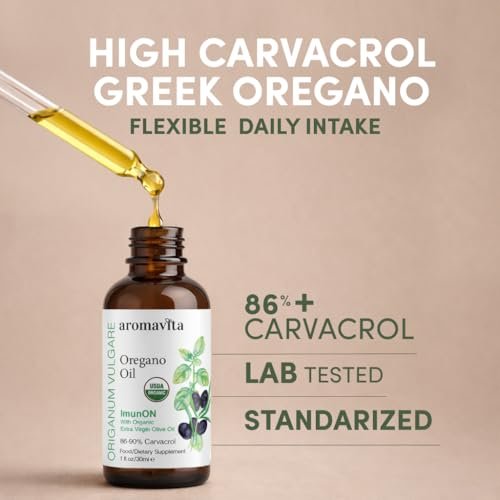 AROMAVITA Oregano Öl Tropfen 86–90 % Carvacrol – USDA Bio Liquid Oregano Öl – Flexible Dosierung – Immun- & Verdauungsunterstützung – Griechischer Oregano – 30 ml (1 fl.oz)