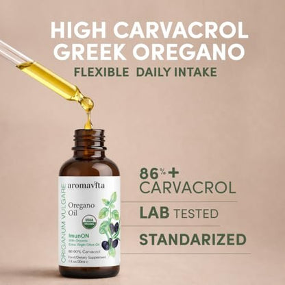 AROMAVITA Oregano Öl Tropfen 86–90 % Carvacrol – USDA Bio Liquid Oregano Öl – Flexible Dosierung – Immun- & Verdauungsunterstützung – Griechischer Oregano – 30 ml (1 fl.oz)
