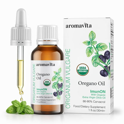 AROMAVITA Oregano Öl Tropfen 86–90 % Carvacrol – USDA Bio Liquid Oregano Öl – Flexible Dosierung – Immun- & Verdauungsunterstützung – Griechischer Oregano – 30 ml (1 fl.oz)
