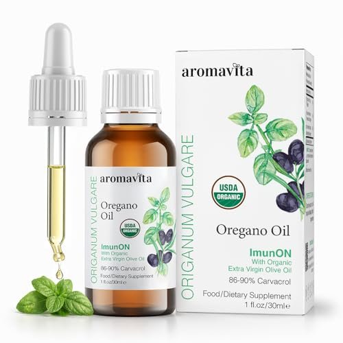 AROMAVITA Oregano Öl Tropfen 86–90 % Carvacrol – USDA Bio Liquid Oregano Öl – Flexible Dosierung – Immun- & Verdauungsunterstützung – Griechischer Oregano – 30 ml (1 fl.oz)