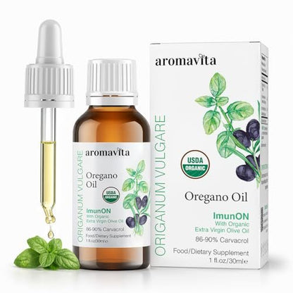 AROMAVITA Oregano Öl Tropfen 86–90 % Carvacrol – USDA Bio Liquid Oregano Öl – Flexible Dosierung – Immun- & Verdauungsunterstützung – Griechischer Oregano – 30 ml (1 fl.oz)