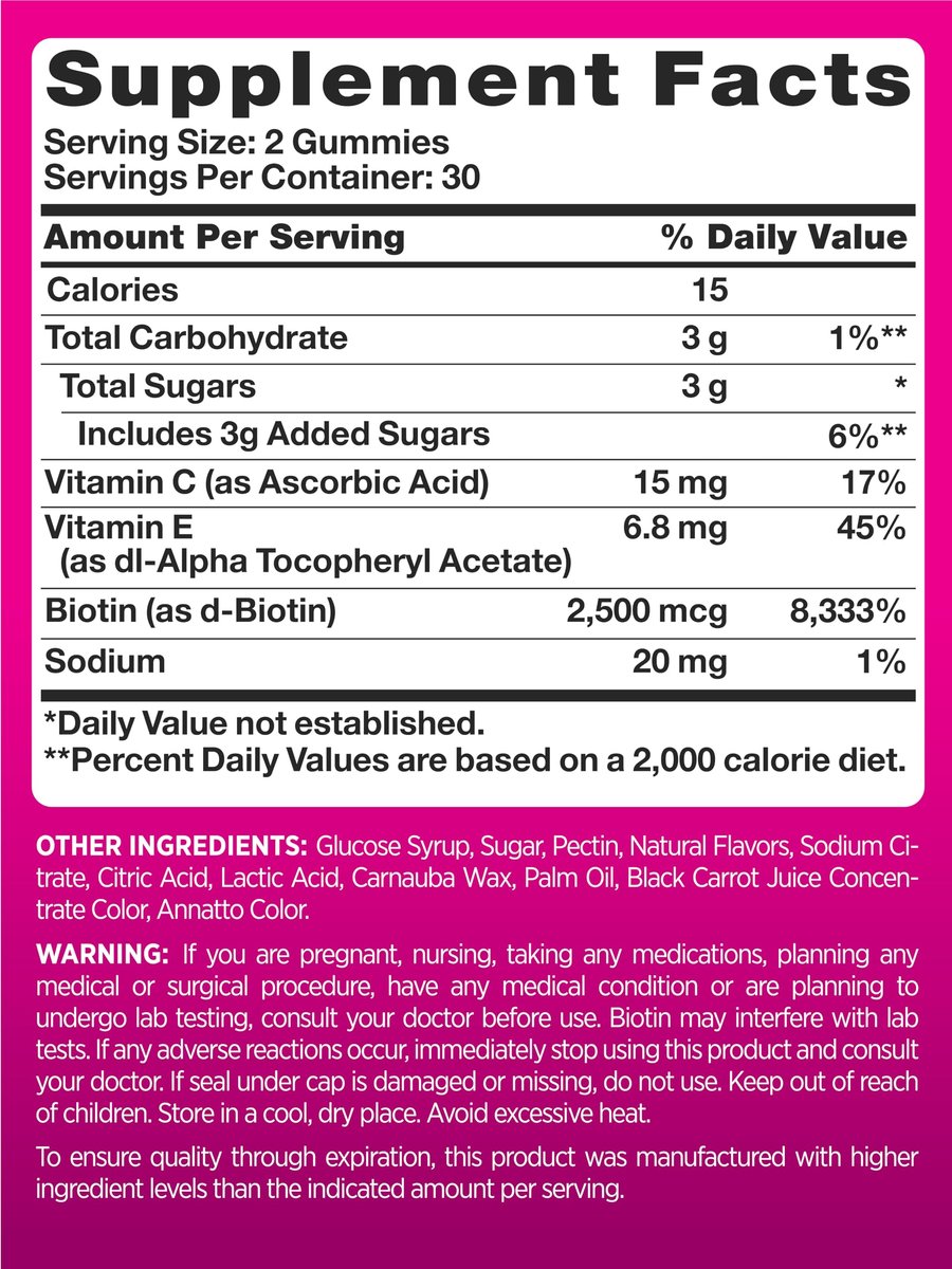 PINK Hair Skin Nails Gummies mit 2.500 mcg Biotin – 60 Stück – Erdbeergeschmack – Nicht-GMO & Glutenfrei – Vitamine für Frauen