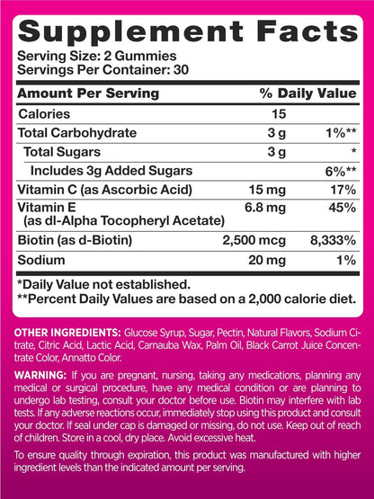 PINK Hair Skin Nails Gummies mit 2.500 mcg Biotin – 60 Stück – Erdbeergeschmack – Nicht-GMO & Glutenfrei – Vitamine für Frauen