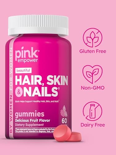PINK Hair Skin Nails Gummies mit 2.500 mcg Biotin – 60 Stück – Erdbeergeschmack – Nicht-GMO & Glutenfrei – Vitamine für Frauen
