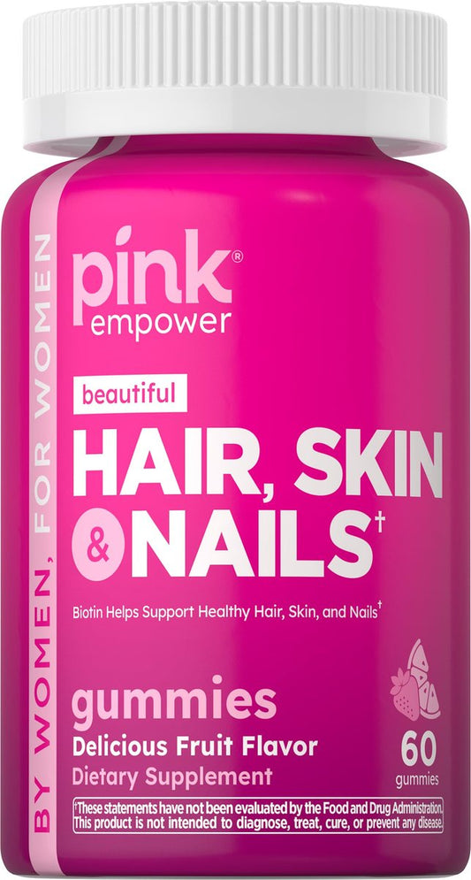 PINK Hair Skin Nails Gummies mit 2.500 mcg Biotin – 60 Stück – Erdbeergeschmack – Nicht-GMO & Glutenfrei – Vitamine für Frauen