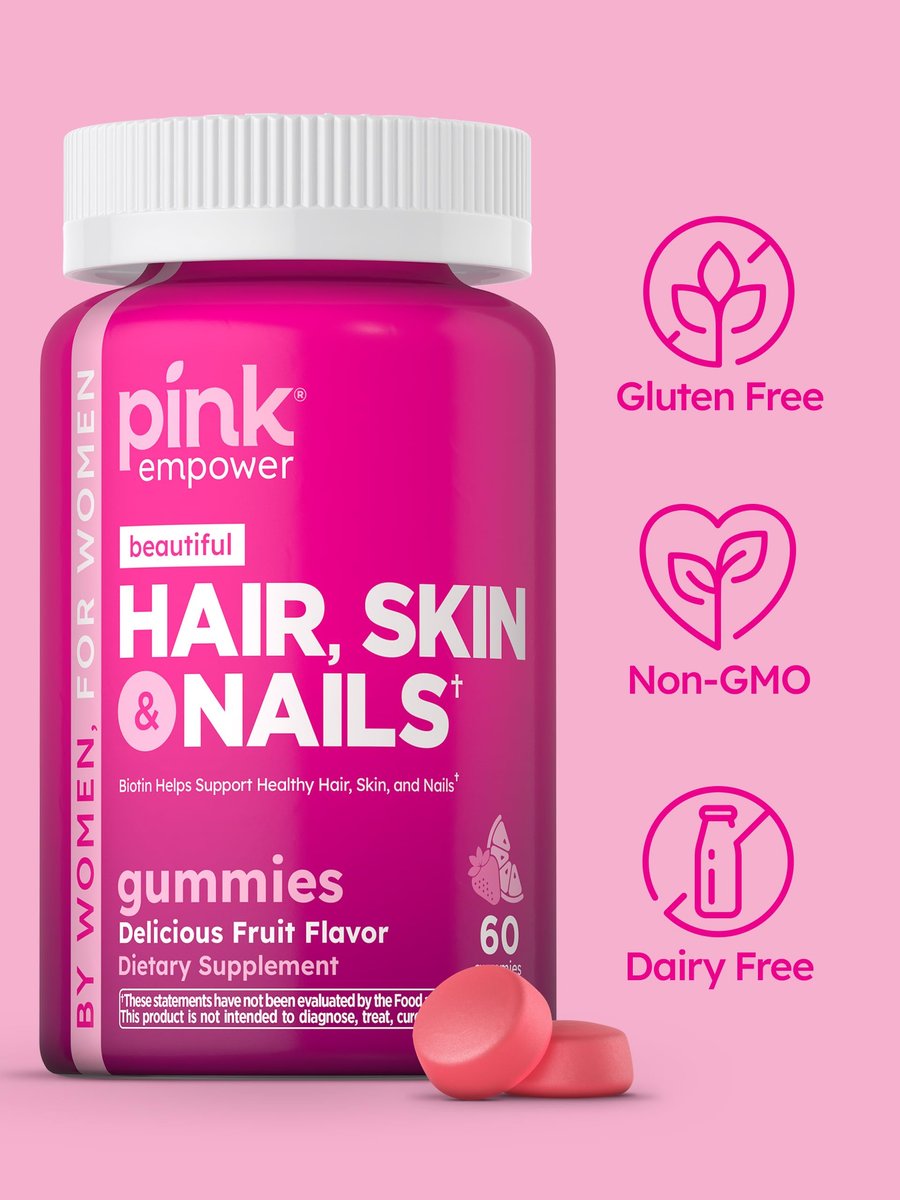 PINK Hair Skin Nails Gummies mit 2.500 mcg Biotin – 60 Stück – Erdbeergeschmack – Nicht-GMO & Glutenfrei – Vitamine für Frauen