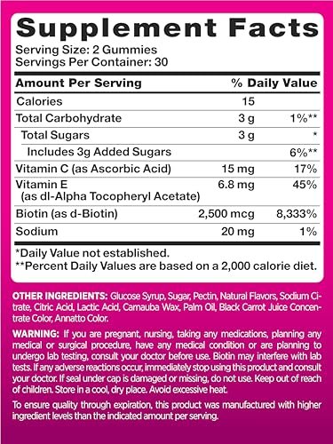 PINK Hair Skin Nails Gummies mit 2.500 mcg Biotin – 60 Stück – Erdbeergeschmack – Nicht-GMO & Glutenfrei – Vitamine für Frauen