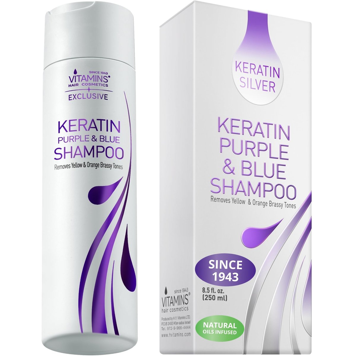 VITAMINS hair cosmetics Keratin Purple Shampoo für Blondinen – Blau-Shampoo – Haartoner für gebleichtes Haar – Neutralisiert Gelbstich & repariert blonde, silberne, graue, weiße & aschgraue Haare