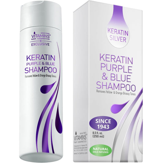 VITAMINS hair cosmetics Keratin Purple Shampoo für Blondinen – Blau-Shampoo – Haartoner für gebleichtes Haar – Neutralisiert Gelbstich & repariert blonde, silberne, graue, weiße & aschgraue Haare