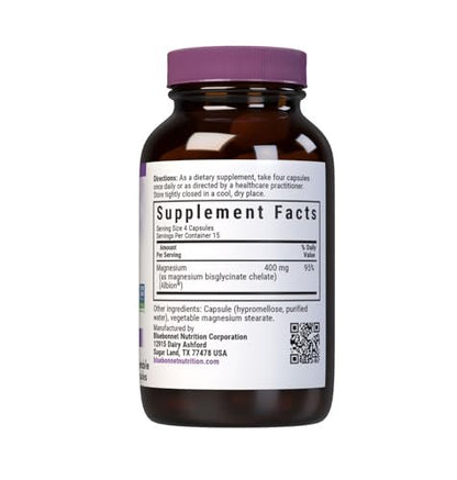 Bluebonnet Magnesium Glycinat – Energieproduktion, Enzymfunktion, Non-GMO, Vegan, Glutenfrei, 60 Kapseln