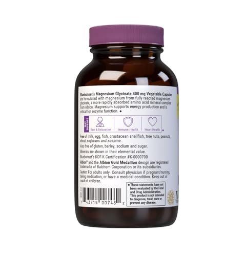 Bluebonnet Magnesium Glycinat – Energieproduktion, Enzymfunktion, Non-GMO, Vegan, Glutenfrei, 60 Kapseln