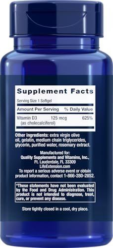 Life Extension Vitamin D3 5000 IE – 120 Weichkapseln, 125 µg, hochdosiertes Vitamin D für Immunsystem und Knochengesundheit