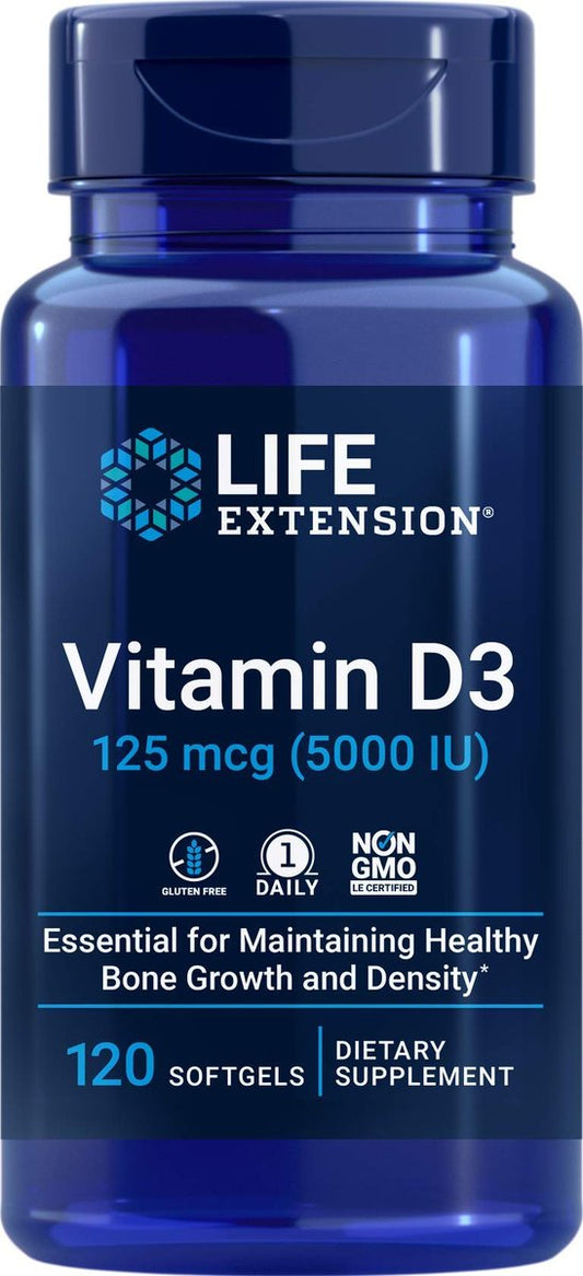 Life Extension Vitamin D3 5000 IE – 120 Weichkapseln, 125 µg, hochdosiertes Vitamin D für Immunsystem und Knochengesundheit