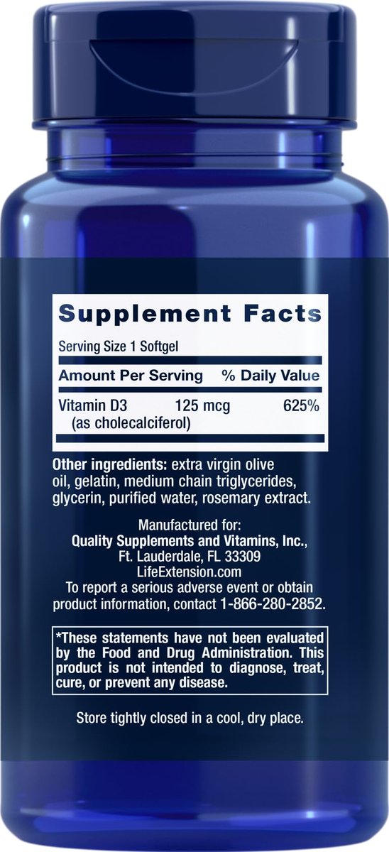 Life Extension Vitamin D3 5000 IE – 120 Weichkapseln, 125 µg, hochdosiertes Vitamin D für Immunsystem und Knochengesundheit