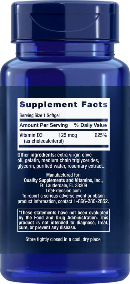 Life Extension Vitamin D3 5000 IE – 120 Weichkapseln, 125 µg, hochdosiertes Vitamin D für Immunsystem und Knochengesundheit