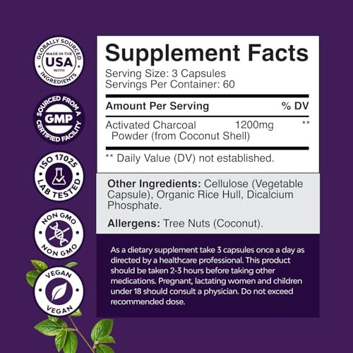 Natures Craft Aktivkohle Kapseln Detox & Reinigung - Reinigende Kokosnusskapseln mit 1200 mg pro Portion gegen Blähungen - Aktives Detox Ergänzungsmittel für Körper & Darmgesundheit - 180 Stück