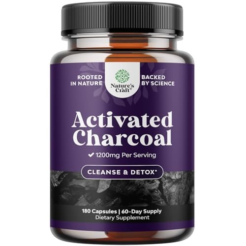Natures Craft Aktivkohle Kapseln Detox & Reinigung - Reinigende Kokosnusskapseln mit 1200 mg pro Portion gegen Blähungen - Aktives Detox Ergänzungsmittel für Körper & Darmgesundheit - 180 Stück